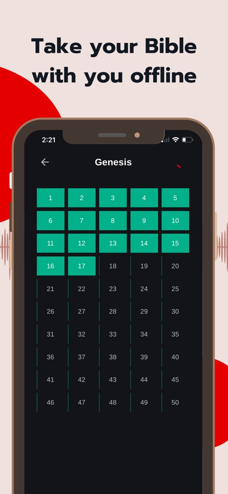 Bible - Audio & Video Bibles - Die App ermöglicht den Offline-Zugriff auf die Bibel, indem Kapitel wie die nummerierten Buttons für "Genesis" heruntergeladen werden können, und bietet so Flexibilität beim Studium.