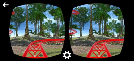 Roller Coaster VR Theme Park - See the dual-screen VR interface with its settings gear icon, allowing users to configure their virtual reality experience.