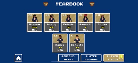 Retro Bowl College - Examine the detailed player cards, which display individual star ratings and specific player positions, crucial for strategic team building and management.