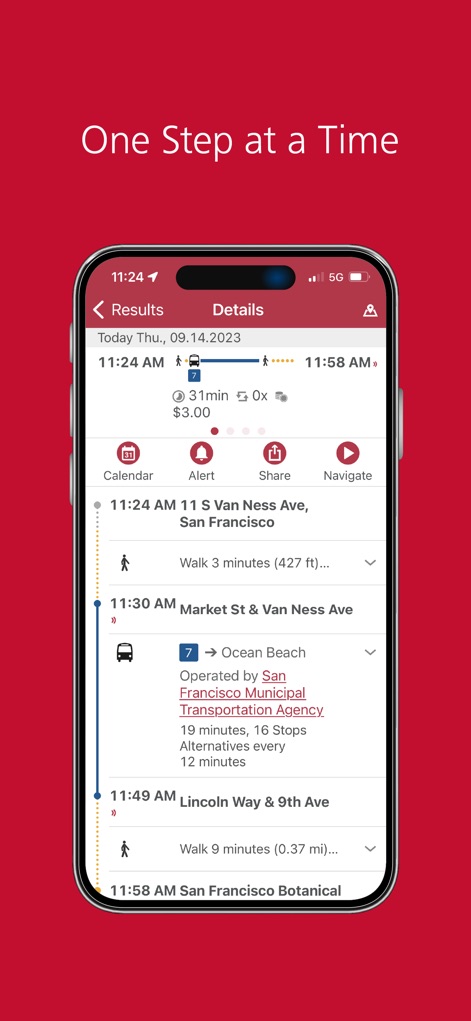 MuniMobile - This view provides a step-by-step itinerary, detailing both "walking segments" with estimated times and specific "Muni Bus & Rail" connections, including stops and travel duration.