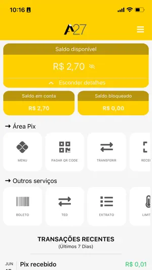 A27: conta, pix, pagamentos screenshot 2