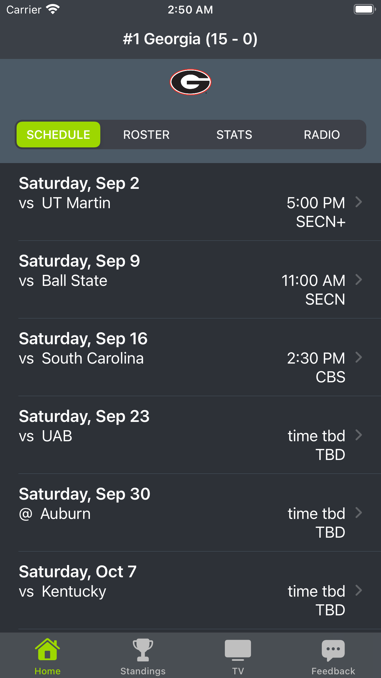 Georgia Football Schedules