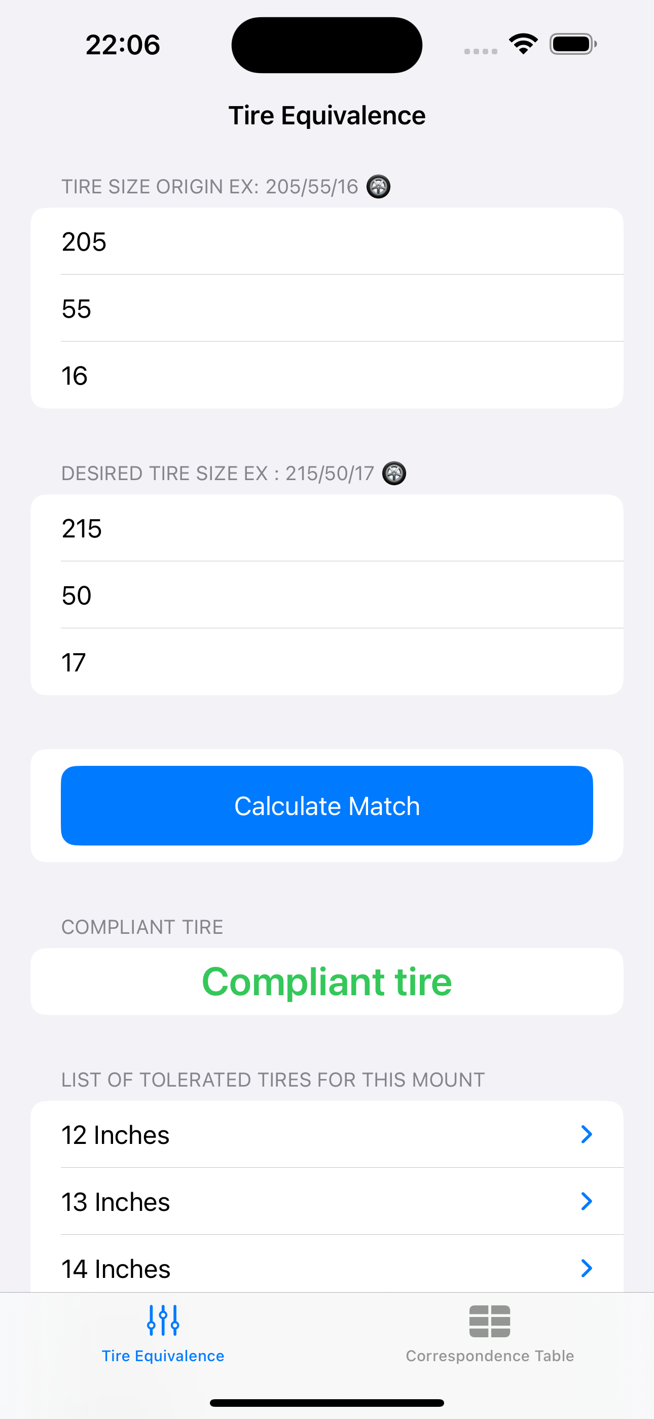 Tire size correspondence