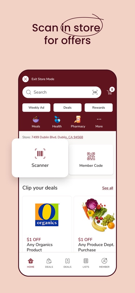 Safeway Deals & Delivery - アプリの「店内モード」を使用すると、ユーザーは商品バーコードをスキャンして価格を確認したり、自身の会員コードを提示して特典を適用したりできます。