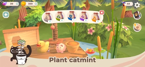 Cat Rescue Story - Os usuários podem plantar e colher erva-do-gato em um ambiente ao ar livre, com diversos tipos de sementes disponíveis para atrair gatos raros, uma funcionalidade do aplicativo.