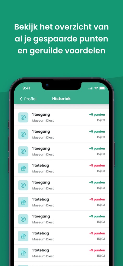 UiTPAS App - La sezione "Historiek" (cronologia) offre un riepilogo delle transazioni, mostrando i "punti guadagnati" e i "punti spesi" per attività come visite al museo o riscatto di totebag.