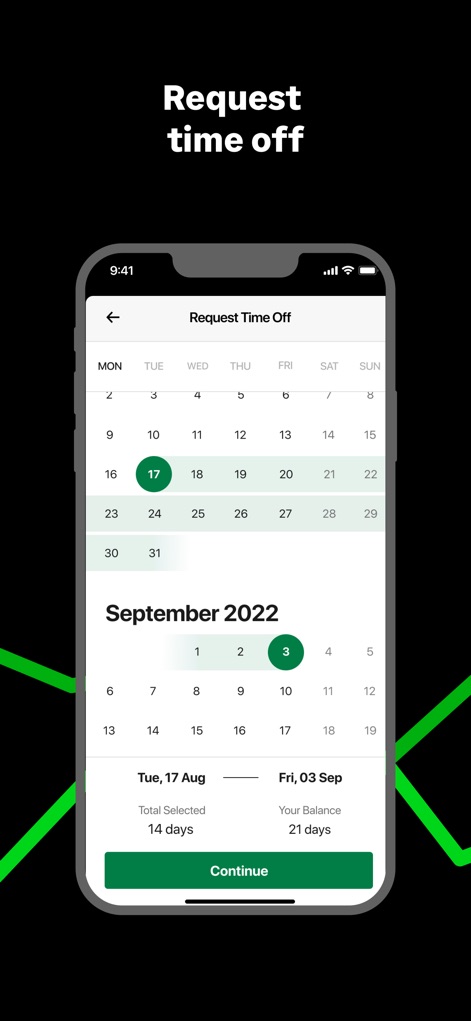Sage HR (New) - This tool simplifies leave management, offering an intuitive 'calendar' for selecting days off and clearly showing both the 'Total Selected' days and the user's available leave 'Balance'.