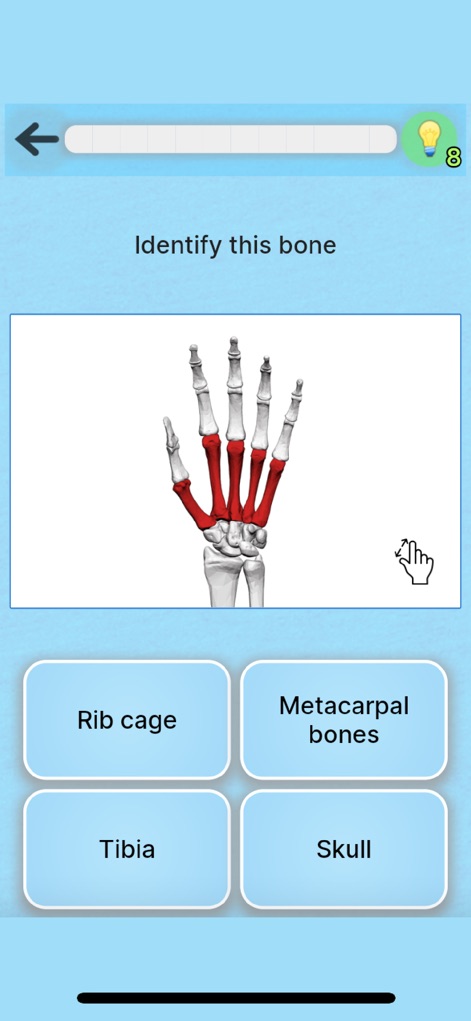 Anatomy Game - The app tests knowledge of human bones with a 3D hand model highlighting specific metacarpals and a multiple-choice question format.
