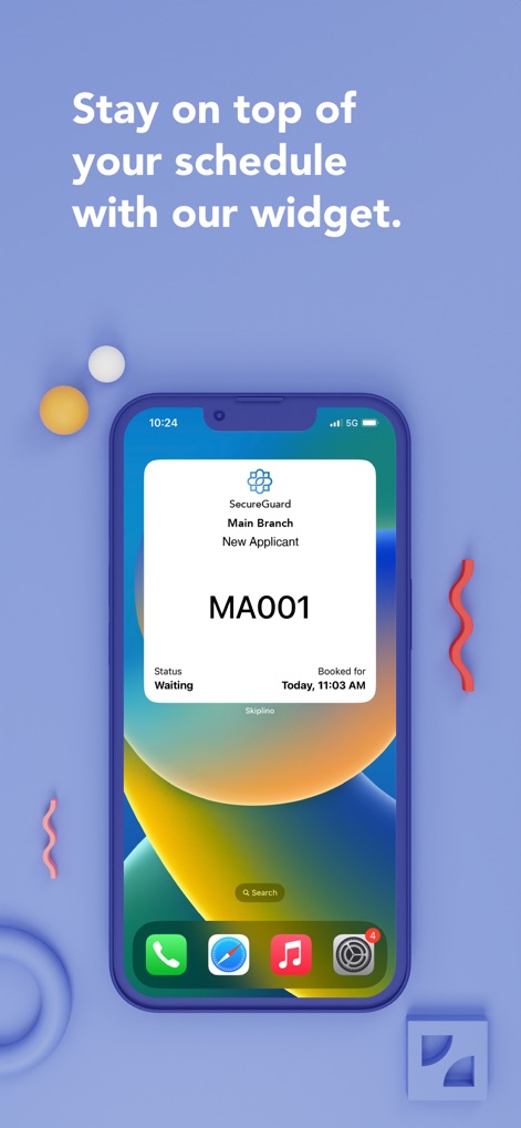 Skiplino - ホームスクリーンウィジェットにより、ユーザーはアプリを開くことなく、現在のチケットステータスと予約時刻を即座に確認し、スケジュールを常に把握できます。
