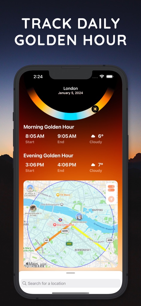 Golden Hour - この詳細なインターフェースでは、ユーザーは指定した場所と日付における朝と夕方のゴールデンアワーの正確な開始・終了時刻を確認でき、またインタラクティブな地図上で関連する地理的情報を視覚的に把握できます。