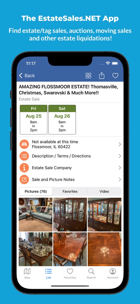 Estate Sales - EstateSales.NET - This detailed view provides users with a comprehensive breakdown of an estate sale, showcasing a gallery of 'Pictures (76)' items and essential 'Estate Sale Company' information.