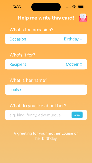 Help me write this card! Screenshot