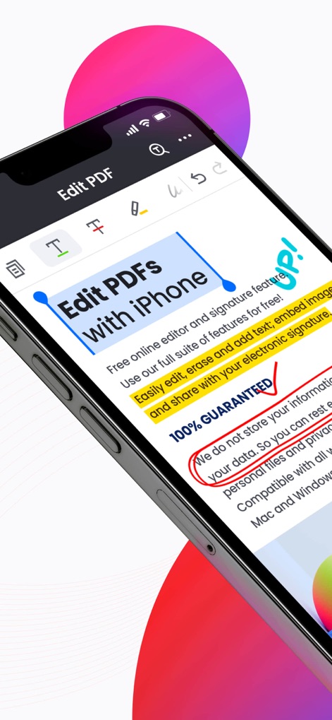 PDF Reader & PDF Editor - Observe how users can easily highlight text and add personalized electronic signatures directly on their iPhone.