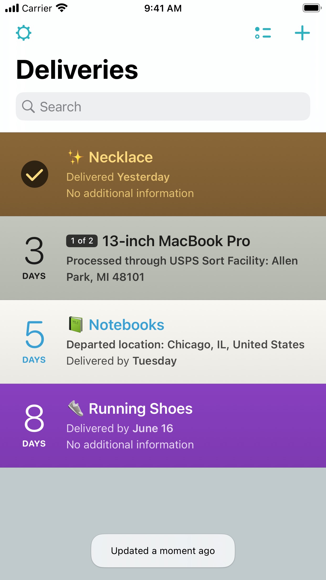 Screenshot do app Deliveries: a package tracker