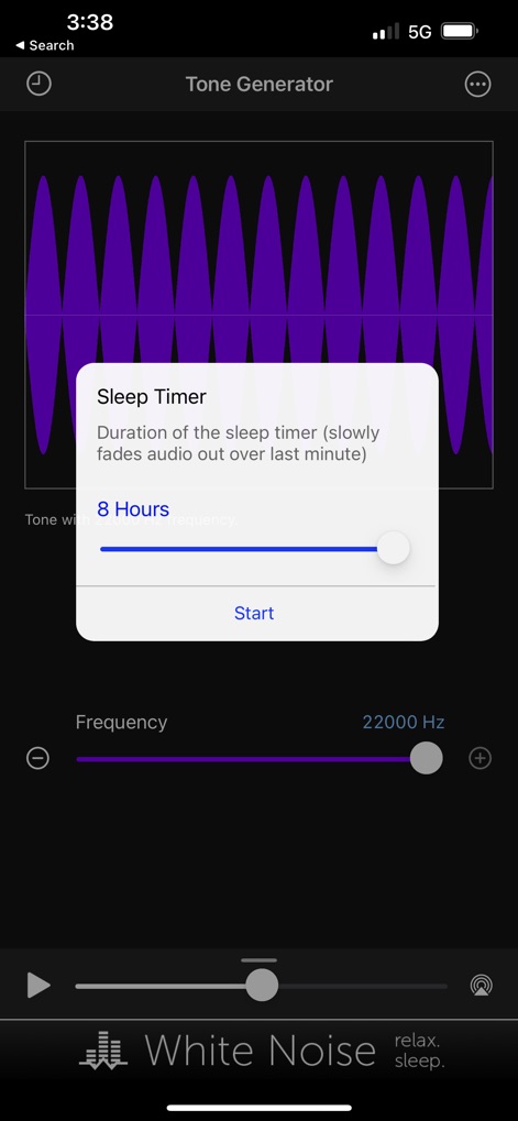 Tone Generator: Audio Sound Hz - Enhance relaxation or manage listening sessions using the built-in Sleep Timer modal, which provides an adjustable duration slider up to '8 Hours'.