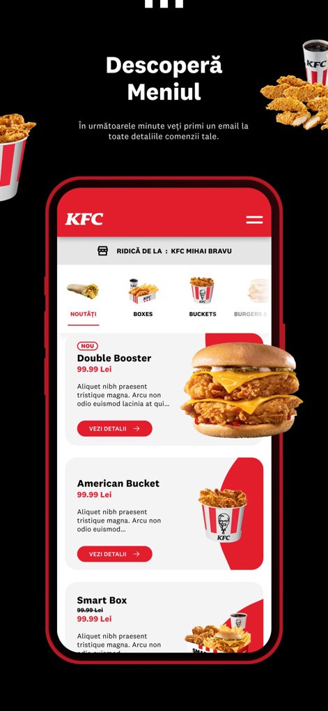 KFC România - Users can effortlessly navigate the full menu, featuring new arrivals like the 'Double Booster' and classic favorites such as the 'American Bucket'.