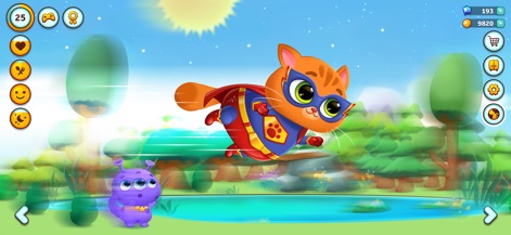 Bubbu 2 - My Pet Kingdom - The app invites imaginative adventures, showing Bubbu soaring through the sky in a superhero outfit alongside a cute alien companion, ready for action.