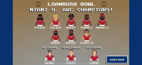 Retro Bowl College - Witness the triumphant championship banner and the full team roster display, celebrating hard-earned victories achieved through dedicated player development and strategic coaching.
