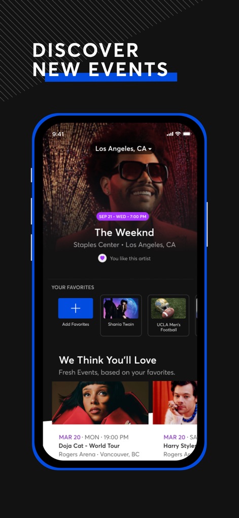 Ticketmaster－Buy, Sell Tickets - ユーザーの好みに合わせたイベントを提案します。画面上部には現在地「Los Angeles, CA」とアーティスト「The Weeknd」のイベント情報が表示され、下部には「Doja Cat」や「Harry Styles」などのおすすめイベントが提示されます。