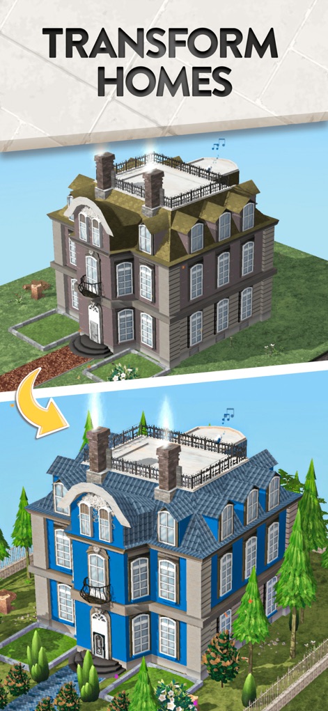 House Flip - L'app permette agli utenti di trasformare drasticamente gli esterni delle abitazioni, come evidenziato dal significativo cambiamento del colore della facciata e dall'aggiunta di una rigogliosa vegetazione circostante.