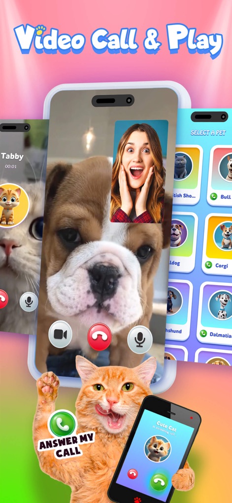 PawsTalk: Pet Translator - Questa scena dinamica evidenzia la funzionalità di "Video Call & Play", con l'immagine di un cucciolo in videochiamata e un gatto che mostra il pulsante "Answer My Call" sul suo telefono.