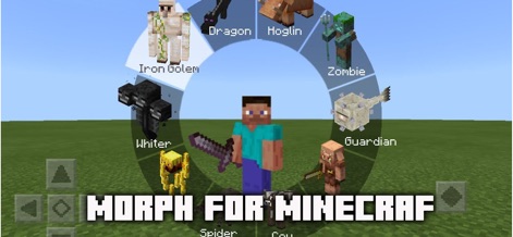 MCPE ADDONS - Morph Mods - See how the app provides a dynamic character selection wheel, enabling users to instantly morph into diverse mob forms like Iron Golem and Dragon.