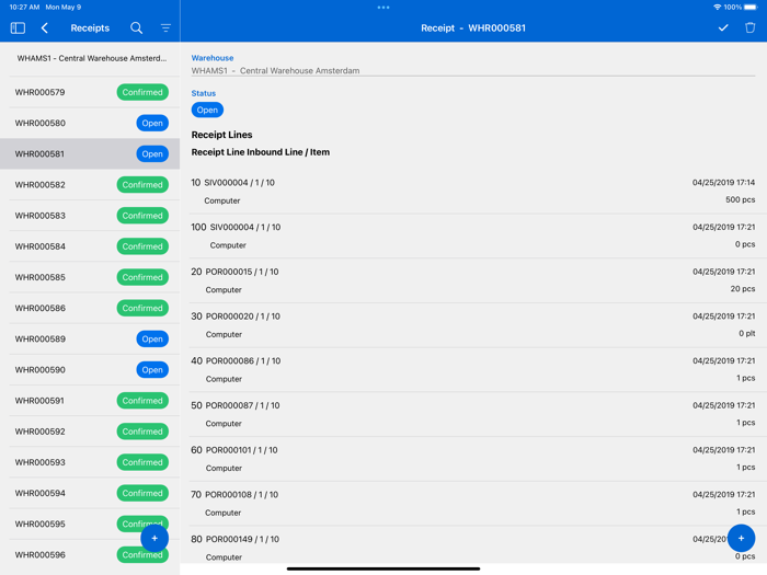 Infor LN Warehouse Receipts