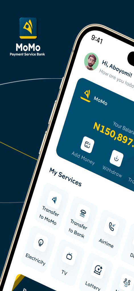MoMo PSB - La pantalla principal de la aplicación MoMo PSB revela el saldo en tiempo real del usuario (N150,897.00) y ofrece acceso directo a servicios clave como la compra de Airtime y el pago de facturas de Electricidad.