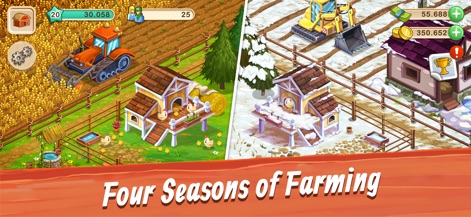 Big Farm: Mobile Harvest - The app showcases the charming visual transformation of the farm across seasons, displaying vibrant summer fields and the serene beauty of a snow-covered landscape.