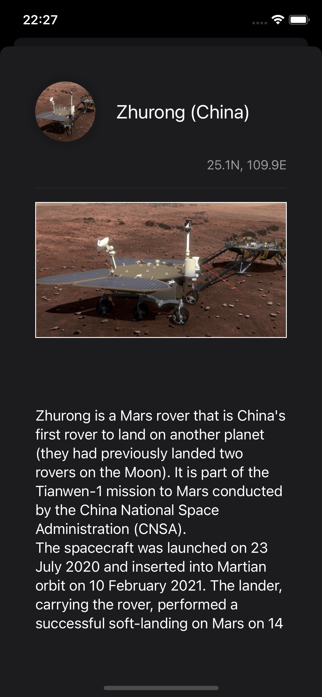 Screenshot do app Mars Info