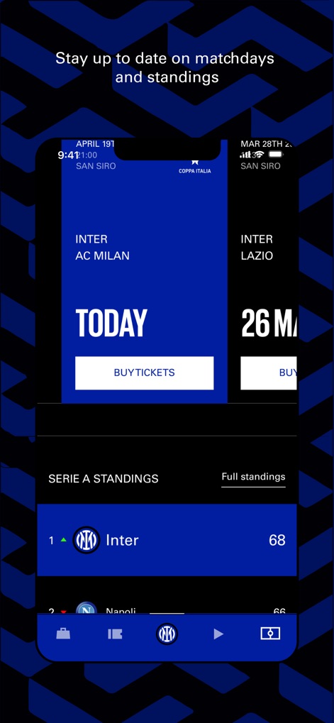 Inter Official App - Esta tela exibe as próximas partidas, como Inter contra AC Milan, e a classificação atualizada da Serie A, onde o Inter está posicionado em primeiro lugar, mantendo os usuários informados sobre o desempenho do clube.
