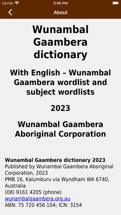 Wunambal Gaambera dictionary Screenshot