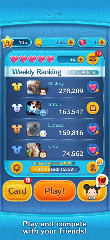 LINE: Disney Tsum Tsum - The app fosters social interaction with its clear Weekly Ranking leaderboard and accessible "Today's Mission" section for extra challenges.