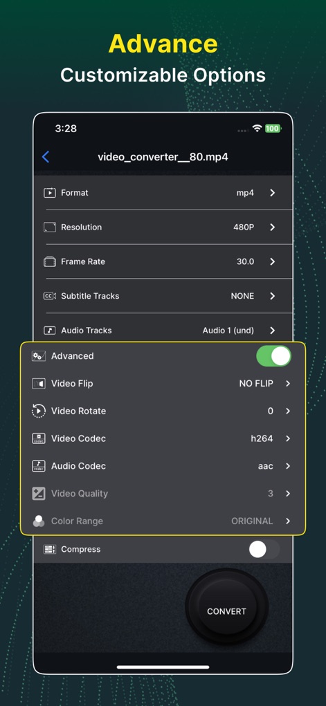 Video Converter and Compressor - Esta interface detalhada oferece controle total sobre as propriedades do vídeo, permitindo ajustes precisos em "Frame Rate" e a seleção de codecs avançados como H.264.