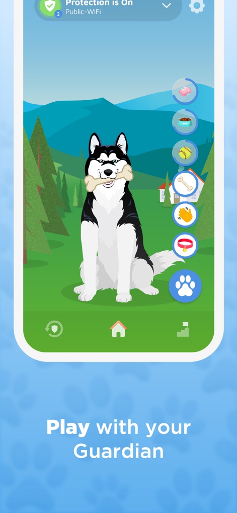 Phone Guardian Safe Mobile VPN - Users are invited to "Play with your Guardian" by interacting with Max the Husky, using various playful icons like a bone and a paw print.