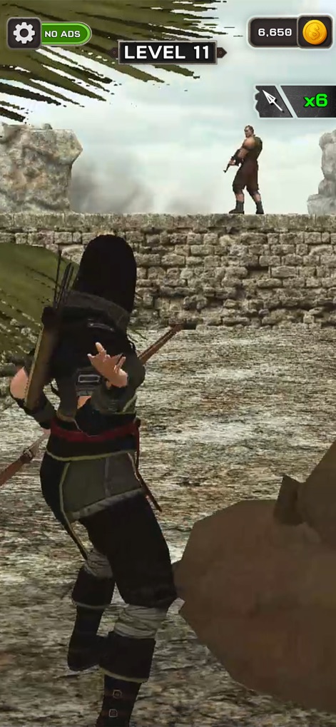 Archer Attack 3D: Shooter War - Witness the strategic advantage of cover as the archer prepares to strike an elevated enemy, showcasing the game's level progression system.