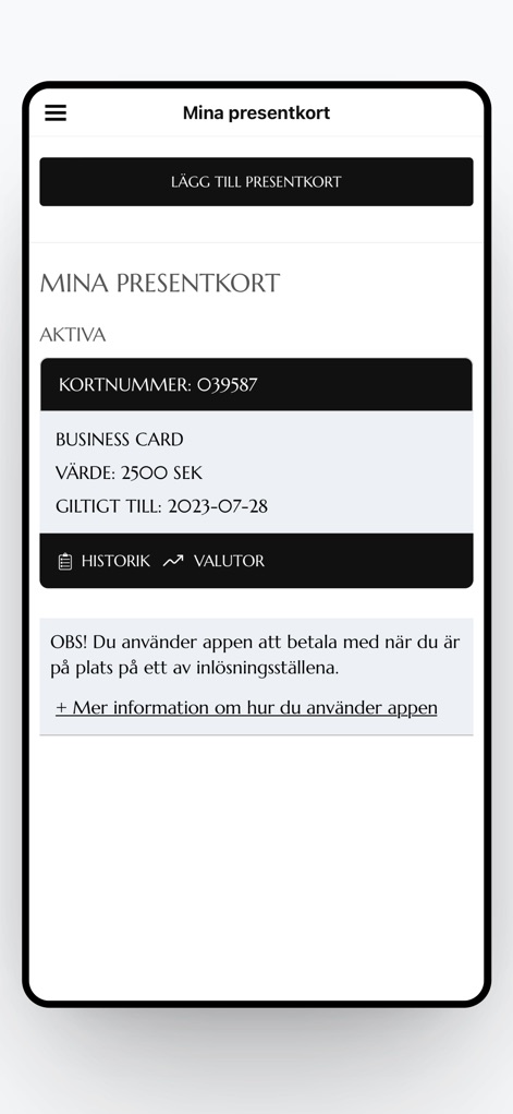 RestaurangGuiden's Gift Card - This feature allows for clear management of gift cards, displaying vital details such as card number and its current value, along with the validity period.