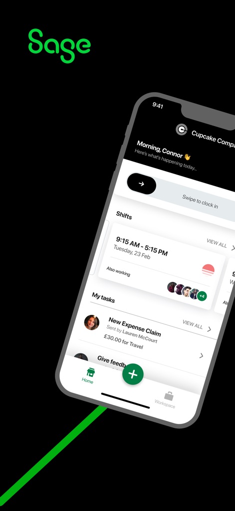 Sage HR (New) - This tool provides a personalized daily dashboard, clearly showcasing upcoming 'Shifts' and highlighting current 'My tasks' like expense claims for efficient management.