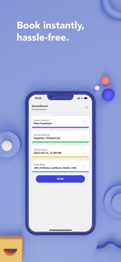 Skiplino - このスクリーンショットは、ユーザーが選択したキュー、サービス、日時などの予約情報を明確に一覧表示し、最小限の入力で予約を迅速に完了させるプロセスを示しています。