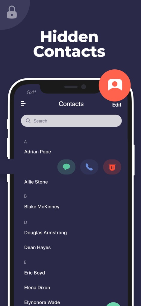 Secret Calculator Photo Vault+ - Hier wird die Funktion zur sicheren Speicherung von Kontakten dargestellt, die eine alphabetisch sortierte Liste bietet und Optionen für Anrufe oder Nachrichten aus der App heraus ermöglicht, um Diskretion zu wahren.