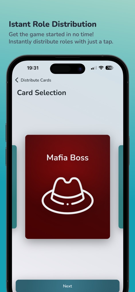 Mafia - Role game - Players can quickly receive their identities through the 'Distribute Cards' interface, prominently featuring individual role cards such as the 'Mafia Boss'.