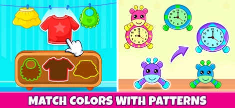 Toddler & Preschool Kids Games - Les enfants développent leur logique en associant des vêtements de différentes couleurs et en complétant des motifs complexes avec des horloges et des girafes.