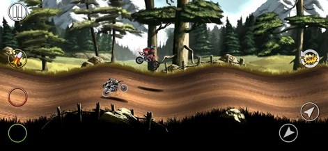 Mad Skills Motocross 2 - Nutzer erleben rasante Rennen in einer detailreichen grünen Waldlandschaft, während die sprungbereiten Motorräder über das hügelige Terrain fliegen.