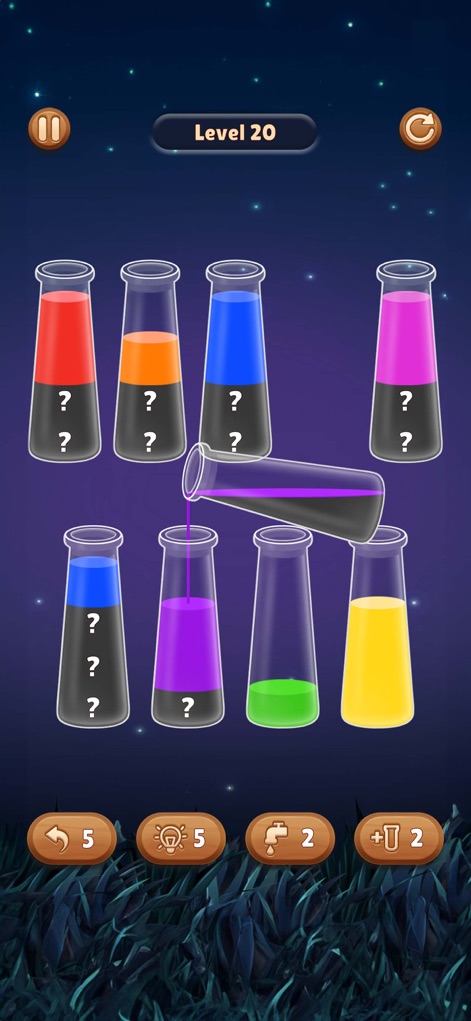 Color Water Sort Wooden Puzzle - 「？」マーク付きの試験管が提示され、不明な色の部分がゲームの難易度と興味を高めます。