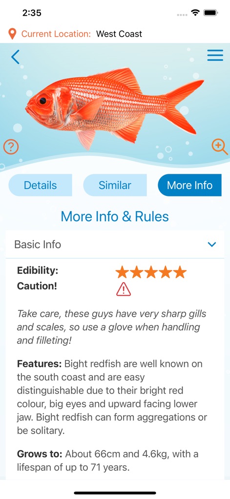recfishwest - This view expands on species knowledge, offering detailed "Edibility: Caution!" notes and descriptive "Features" to aid identification and handling.
