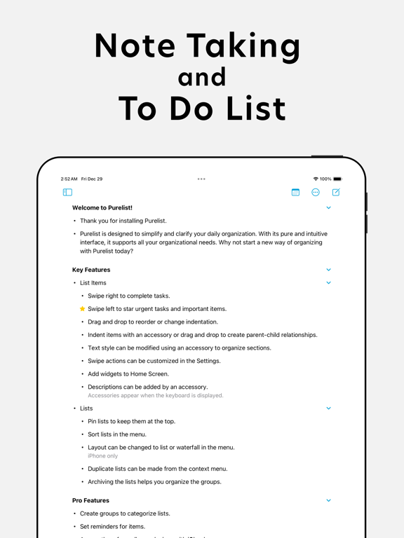 Purelist: Notes & Tasks iPad screenshot 1 - Productivity app