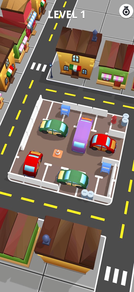 Car Parking Jam: Escape Spot - The app presents 'LEVEL 1' to introduce players to its mechanics, featuring a straightforward parking grid with basic car formations and a prominent purple bus.