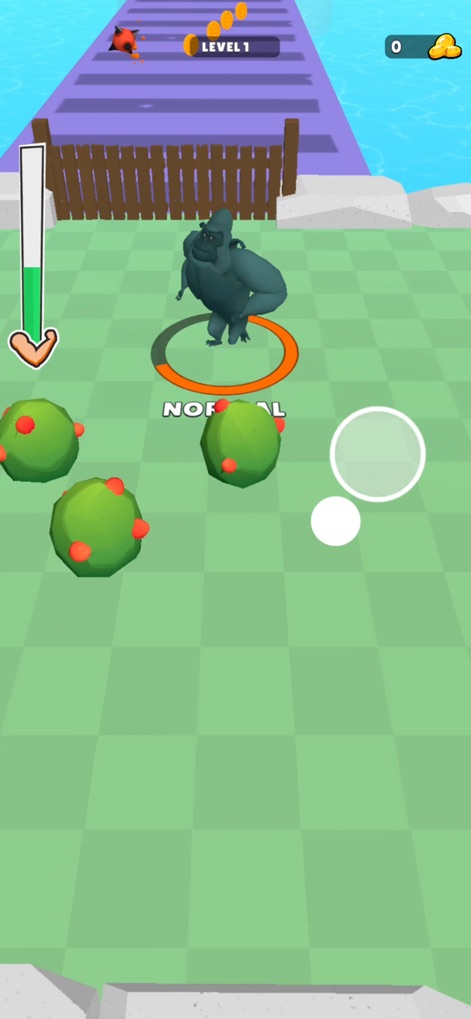 Monster Evolution! - La captura muestra al personaje gorila en su estado "NORMAL" recolectando bayas de los arbustos, lo cual es fundamental para su evolución en el nivel inicial "LEVEL 1" de la aventura.