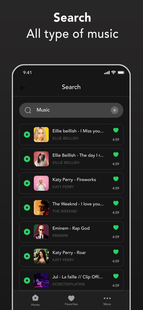 Pure Tuber : Videos, Music - The app's highly efficient search functionality is demonstrated with a clear search bar and meticulously organized results showing track titles and artist information, allowing users to find any content swiftly.