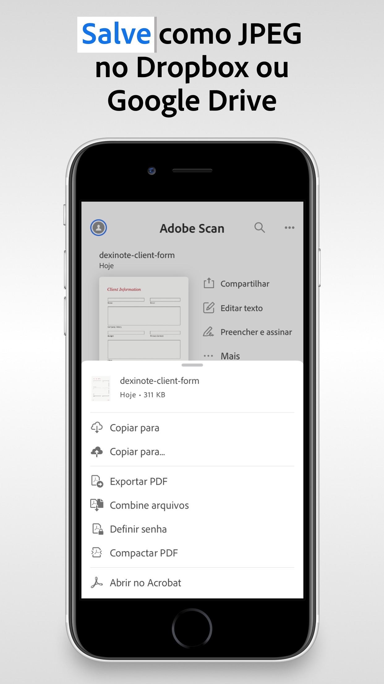 Screenshot do app Adobe Scan: PDF Scanner e OCR